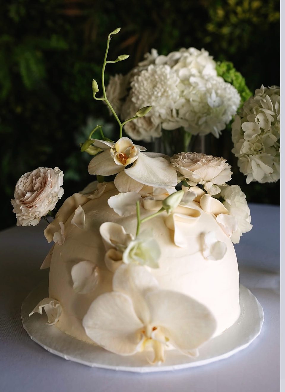 White dome cake with orchids and garden roses