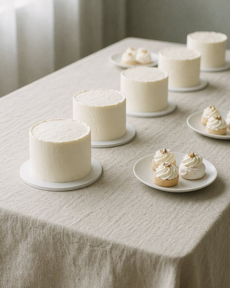 A linen catering table with small white cakes and mini desserts