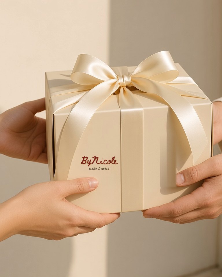 A ByNicole cake box with a cream bow being handed from one person to another