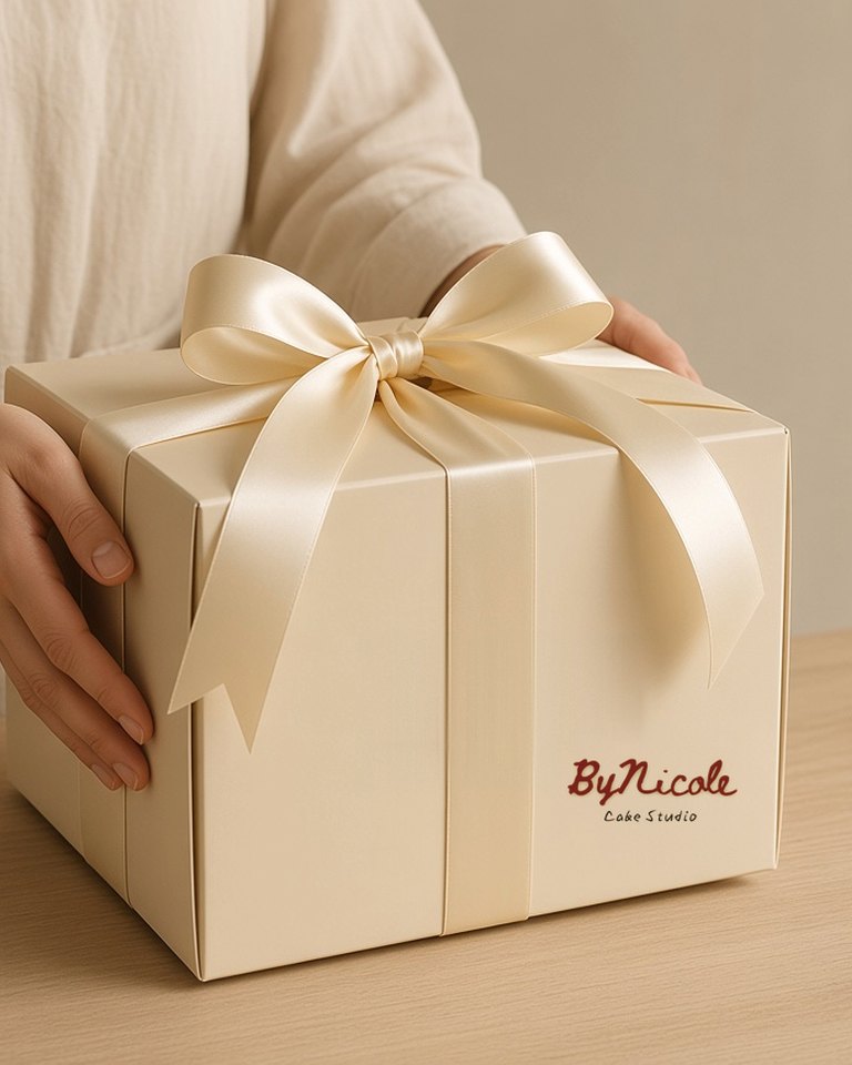 A ByNicole cake box with a cream bow being picked up from a bakery counter